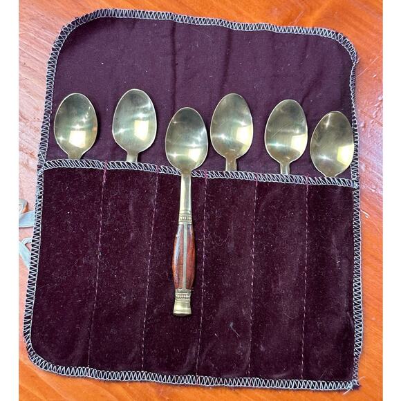 Vintage Brass and Rosewood Demitasse Spoons with Case - Set of 6 - Picture 1 of 6